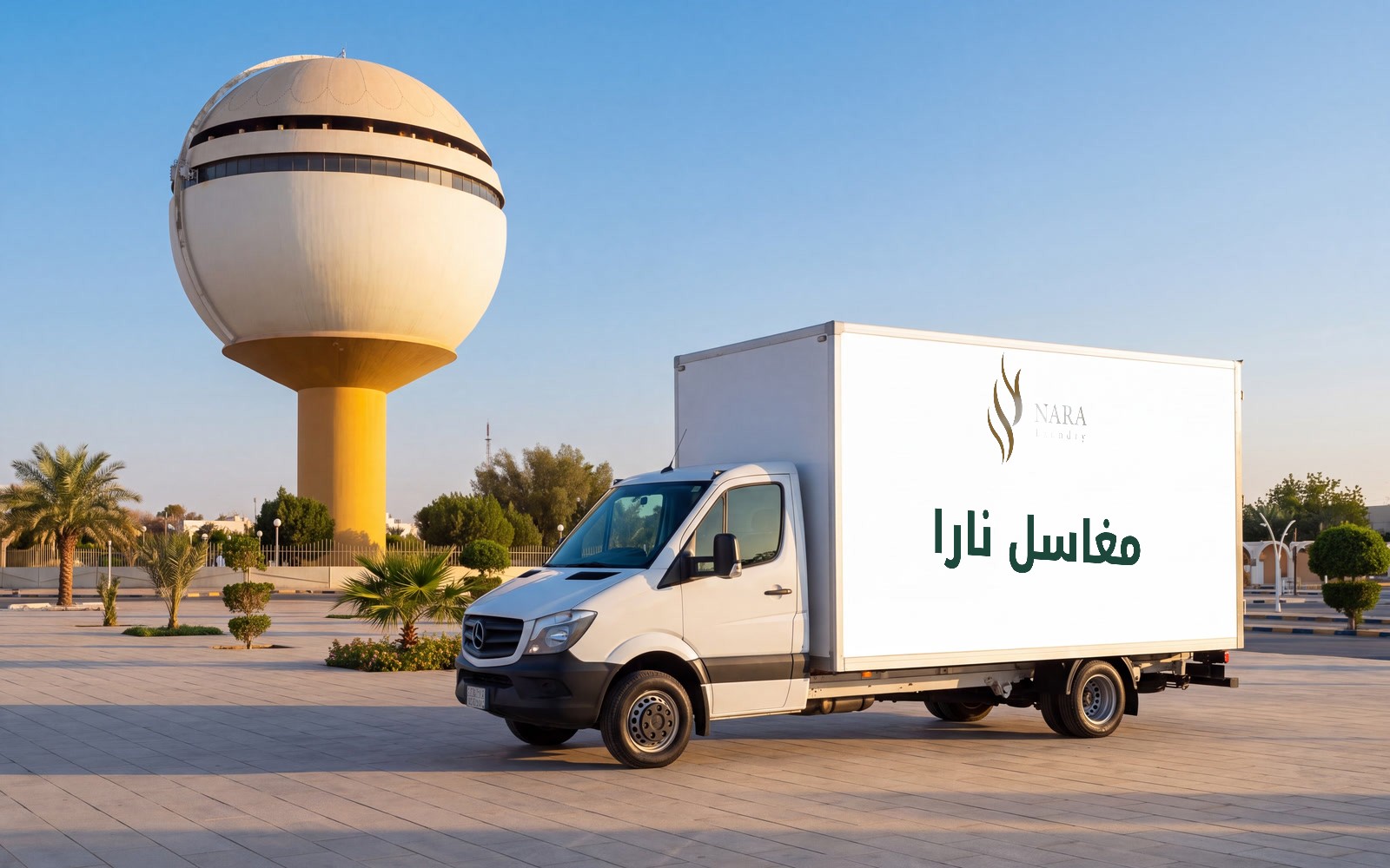 شاحنة استلام وتسليم مغاسل نارا أمام برج بريدة